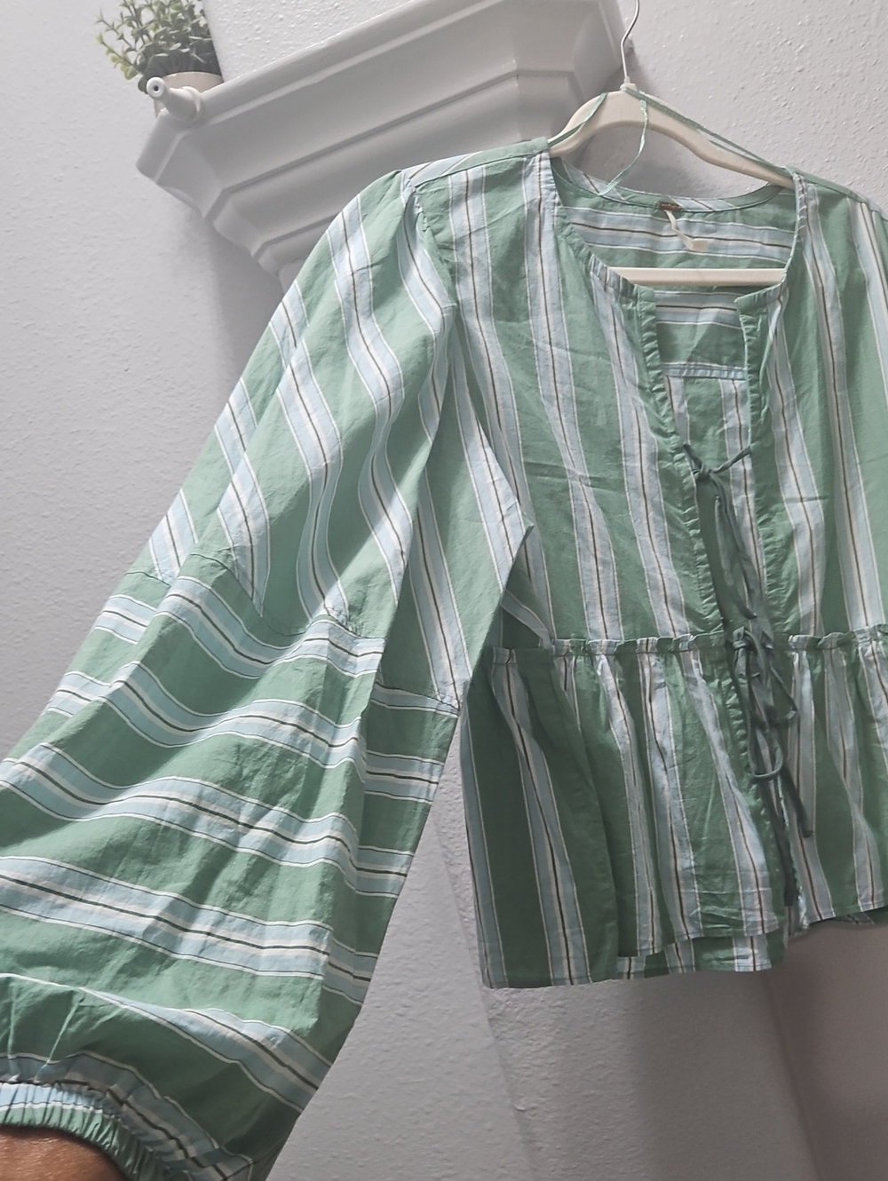 Free People Light Green Striped Peplum Tie-Front Women's Top - Picture 3 of 6